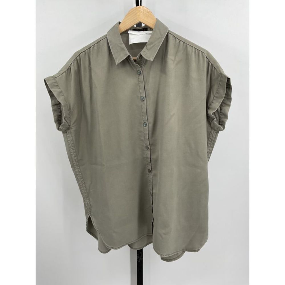 Quince Olive Green Short Sleeve Button-Up Blouse
